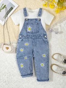 SHEIN Young Girl Daisy Embroidered Chic Fashionable Denim Backpack Jeans - Medium Wash - View 1