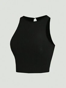 SHEIN Privé Débardeur ajusté noir décontracté et polyvalent avec col rond, boutons de perle au dos - Noir - Voir 5