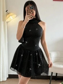 Chiquease Patchwork Chiffon Sequin Bodycon Mini Dress - Black - View 5