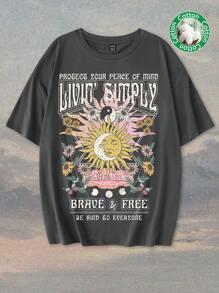 Tseoso 1 Pc Slogan Graphic Print Oversized Casual Round Neck Short Sleeve T-Shirt For Women, Suitable For Summer Astral Suitable For Going Out