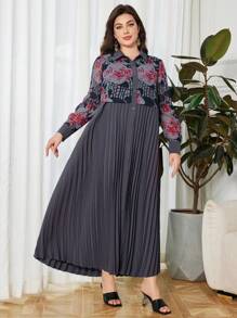 Lacomfia Elegant Vintage Patchwork Pleated Plus Size Dress Fall Cloth For Women - Grey - View 4