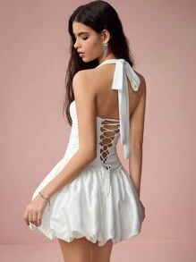 Enchnt 春夏浪漫女装白色少女修身无袖蝴蝶结后背可爱公主迷你泡泡裙，性感甜美，适合生日、节日派对、甜蜜约会之夜、日常通勤、度假、毕业季和音乐节，女士夏装，优雅连衣裙