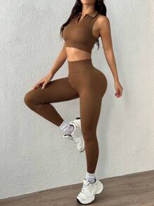 Easithlete Women's Solid Color Sleeveless Casual Top And Pants Sports Suit, Seamless Workout Women Set - Brown - View 4