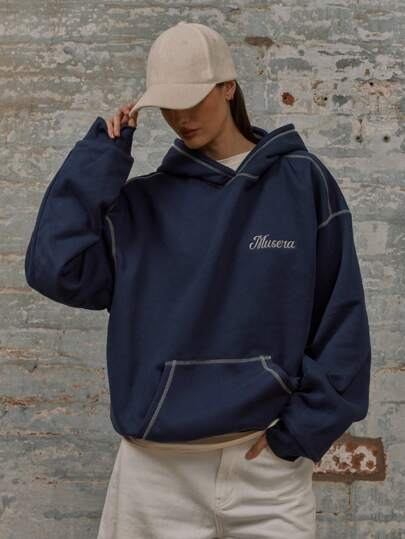 MUSERA 撞色缝线宽松版型落肩印花连帽衫，男女通用