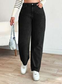 EURMUSE Cottnline Mom Fit Plus Jeans With Snow Wash, - Black - View 3