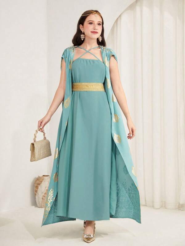 SHEIN Teen Girl Mint Green Metallic Tape Decor Spaghetti Strap Crisscross Design Dress & Long Robe, Elegant Two-Piece Outfit For Cocktail Party, Formal Event