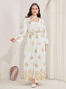 SHEIN 少女编织金色印花吊带连衣裙套装，带花卉图案服装，传统服装，白色和金色两件套 - 白色 - 查看 6