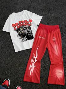 SHEIN Leap Crew 2pcs/Set Teen Boy Casual Short Sleeve Top And Loose Fit Pants Outfit, Street Punk Rock School Style, Suitable For Spring/Summer, Party, Festival, Printed With English Text And Character Icon - Multicolor - View 1