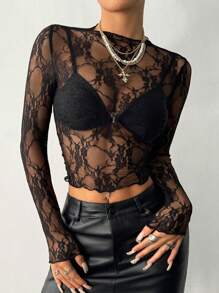 SHEIN Tall Maglietta da donna a maniche lunghe con scollo tondo in pizzo, sexy