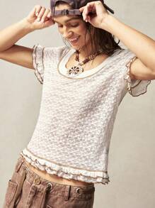 Bohemela Boho Solid Color Knitted Crew Neck Short Sleeve Fitted Women T-Shirt