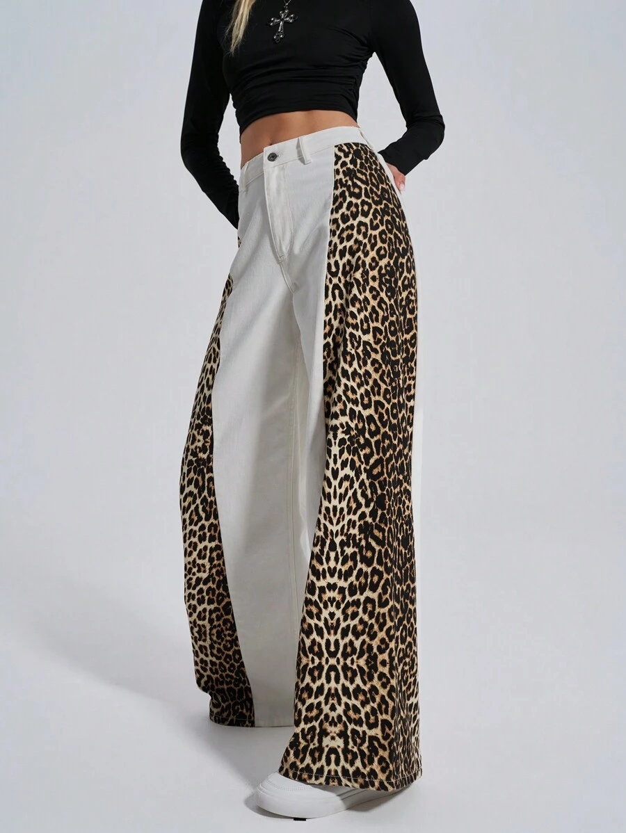 EURMUSE HOCHTAILLIERTE EXTRA WEIT GESCHNITTENE Y2K STREET STYLE LEOPARDEN JEANS - Weiss - Übersicht 1