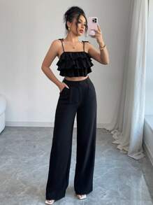 Modelyn 2 stuks/set dames geplooide camisole top en wijde pijpen broek