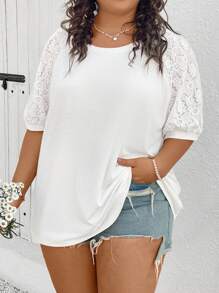 SHEIN CURVE+ Plus Size Women Top With Different Material Splicing,White T-Shirt - White - View 4