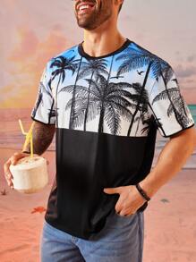EASEVO Plus Size Men's Loose Street Style Coconut Tree Print Black T-Shirt, Summer - Multicolor - View 4