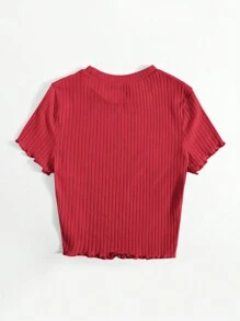 SHEIN EZwear Solid Lettuce Trim Rib-knit Tee - Burgundy - View 2