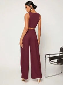 BizChic 2pcs Women Khaki Asymmetric Hem Vest Jacket & Wide Leg Work Pants Set