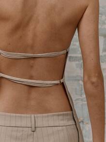 MUSERA 修身翻领单扣露背双肩带上衣，春夏休闲胶囊衣橱日常度假毕业典礼婚礼宾客装扮 - 灰色 - 查看 5