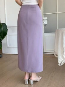 DAZY Fustă elegantă pentru femei, primăvară/vară, cu talie înaltă, cu crăpături în față și răsucire - Violet - Vizualizare 2