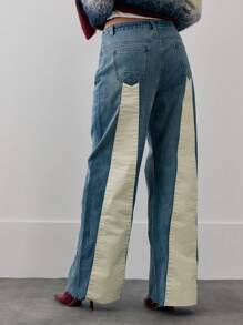 MUSERA 低腰毛边印花直筒牛仔裤，90年代Y2K风格，可爱性感，适合夏季街头风、晚宴派对等场合，优雅百搭。 - 中等水洗藍 - 查看 4