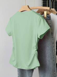 Teen Girls' Bow Print Ruched Short Sleeve Casual T-Shirt - Green - View 2