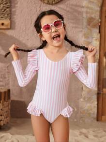 SHEIN 年轻女孩条纹圆领长袖合身休闲泳衣