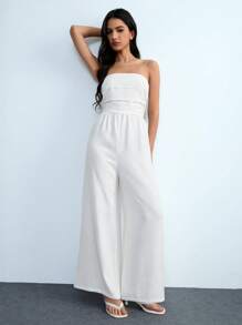 Chiquease 露肩荷叶边白色女式夏季性感度假连体裤，新款春夏韩版柔软裹身紧身长裙，修身褶皱 A 字连体裤，带后肩带