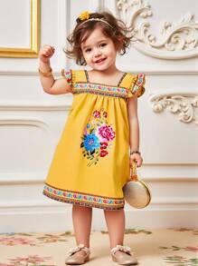 SHEIN Đầm dệt kim rộng rãi màu vàng in họa tiết hoa cho bé gái, thích hợp cho kỳ nghỉ xuân/hè và vui chơi ngoài trời - trái cam - Xem 1