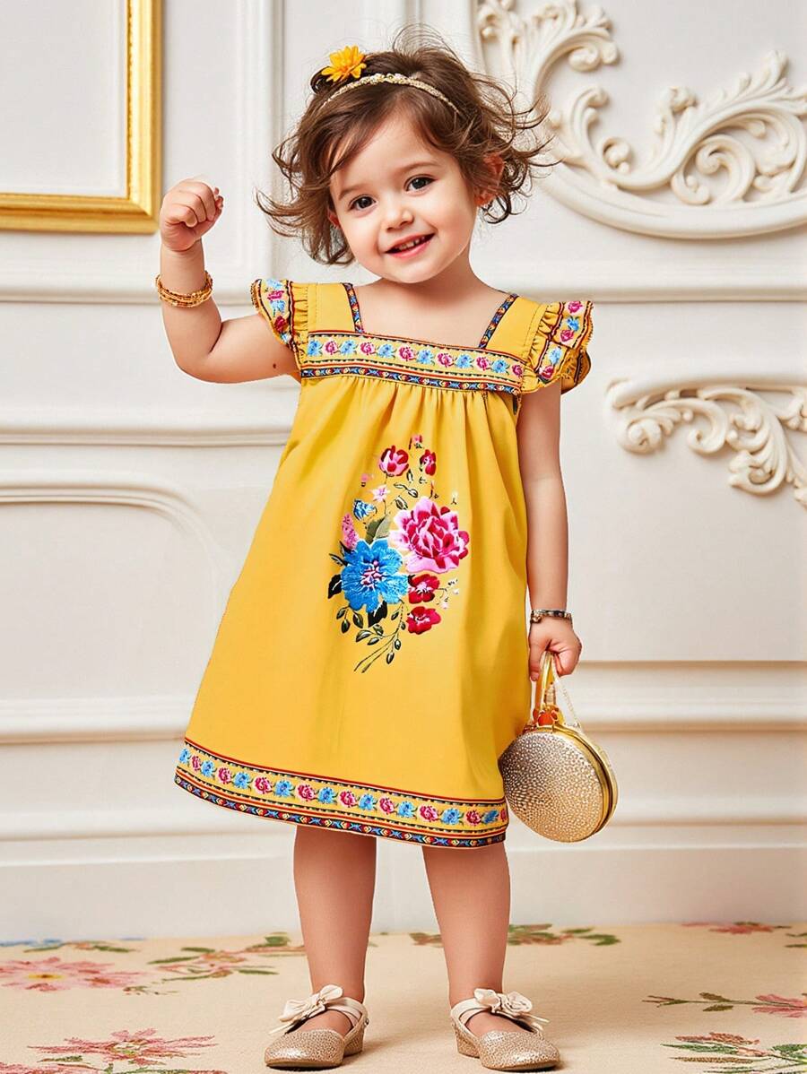 SHEIN Đầm dệt kim rộng rãi màu vàng in họa tiết hoa cho bé gái, thích hợp cho kỳ nghỉ xuân/hè và vui chơi ngoài trời - trái cam - Xem 1