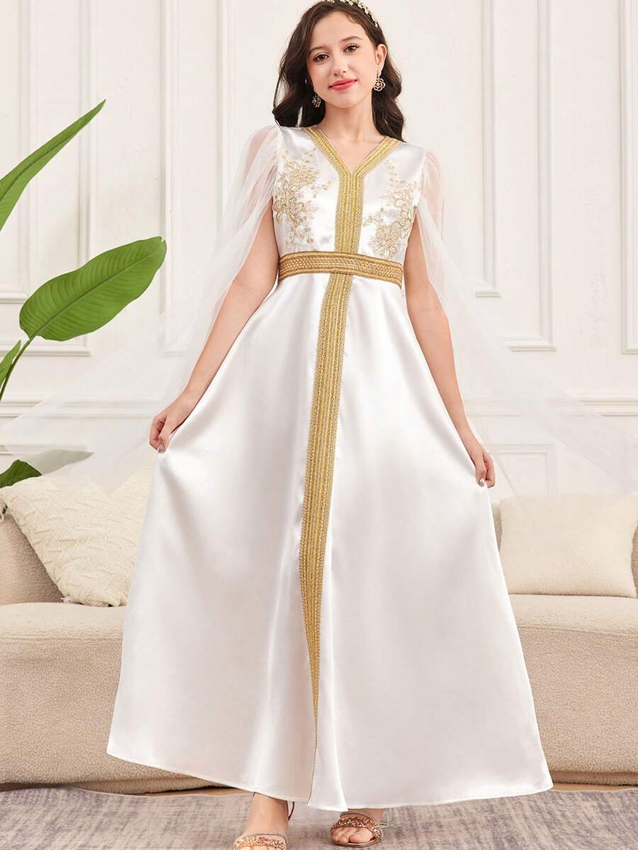 SHEIN Leap Crew 少女奢华、优雅、迷人、假日、派对礼服、铂金、金色花朵、水晶缎面连衣裙 - 白色 - 查看 1