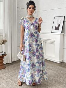 Yasmyna Vestido largo elegante de mujer con estampado floral todo sobre todo y bordado, de estilo tradicional turco y árabe