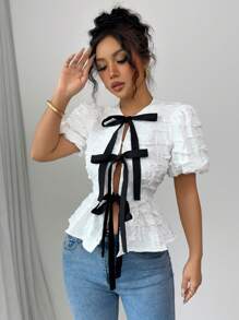 SHEIN Unity Women Contrast Color Splicing Short Sleeve Casual Top, Everyday Wear - Black and White - View 4