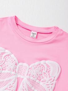 SHEIN Sweetra Young 2 件套 Tween Girl 套装，休闲和度假百搭蝴蝶结短袖上衣和喇叭裤，适合度假、校服、春季、夏季、秋季，无传统图案、花卉/部分装饰 - 彩色 - 查看 8