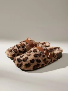 Solecia Fashionable Casual Leopard Faux Fur Flat Slippers - Camel - View 3