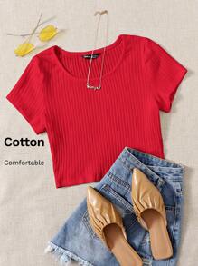 SHEIN EZwear Áo thun dệt kim trơn - Đỏ - Xem 6