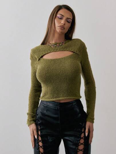 MUSERA Knit Distressed Scoop Neck Cut Out Long Sleeve Fitted Crop Top  Chic