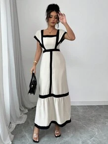 SHEIN Unity 女士优雅休闲黑色和米色条纹荷叶边袖连衣裙，度假风格 - 黑與白 - 查看 4