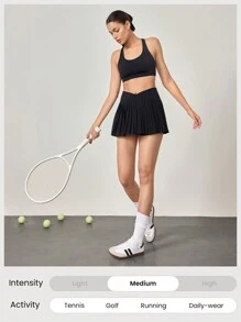 GLOWMODE 让我们玩吸汗弹力中腰交叉腰褶皱网球裙内置短裤侧袋网球高尔夫日常 - 黑色 - 查看 9