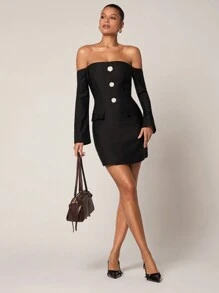 Glamine Elegant Black Autumn Day Party Camellia Floral Decorated Button Woven Stretch One Shoulder Long Sleeve Bodycon Mini Dress For Women,Workplace - Black - View 9
