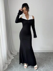 Elenzga Women's Elegant Commuter Style Cold Shoulder Color Block Ruched Waist Bodycon Maxi Dress