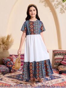 Tween 女童度假休闲拼色印花拼接连衣裙 - 彩色 - 查看 5