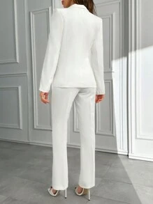 EURMUSE Elegant Style, Office Lady Blazer Jacket With Straight Fit Pant Suit Set - White - View 2