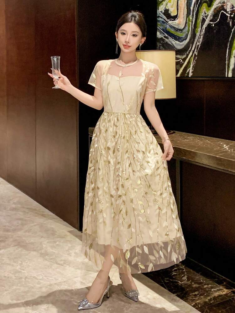 Women's Elegant Mid-Length Floral Sequined Round Neck Short Sleeve Dress Prom Dress,Dress For Wedding New Year Eve Dress Maxi Dress