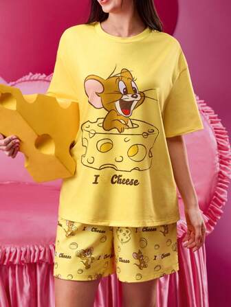 TOM & JERRY X SHEIN Dam Gul Ost Jerry Tecknat Tryck Pyjamas Kortärmat Set Dam Nattkläder Julpyjamas Alla hjärtans dag Rolig T-shirt Vår & Sommar 2 Delade Set Dam