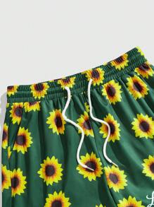 ROMWE MEN Men's Drawstring Waist Sunflower Print Casual Shorts, Vacation - Multicolor - View 4
