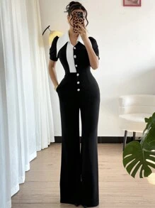 Gloray Women's Elegant Black & White Patchwork Exaggerated Collar Pearl Button Short Sleeve Jumpsuit