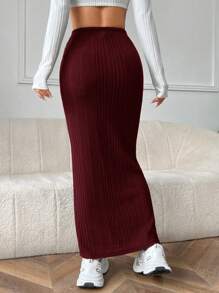 SHEIN EZwear 勃艮第女士针织紧身裙 - 酒紅色 - 查看 4