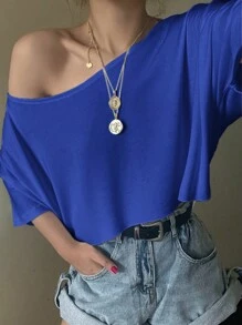 SHEIN EZwear Navy Blue Off-Shoulder Loose Knit T-Shirt For Women