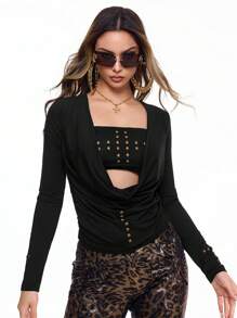 ROMWE Grunge Punk Y2K Vintage Sexy Draped Neck Hollow Out Knotted Waist Top + Cross Rivets Cropped Top Set