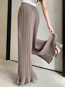 DAZY Women Solid Color Textured Chiffon Flare Leg Casual Pants,Teacher Pants - Apricot - View 5