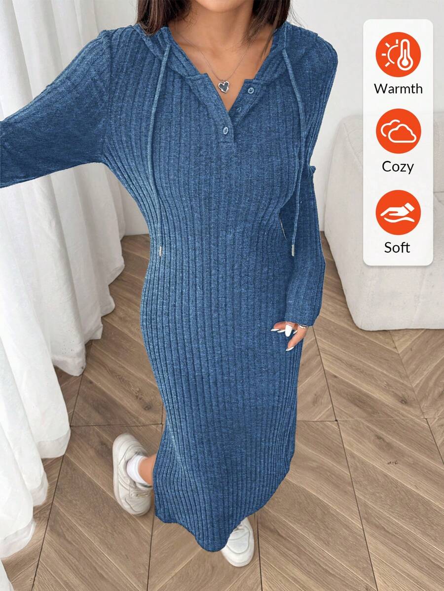 Muchica Navy Blue Ribbed Turtleneck Midi Bodycon Dress For Women - Royal Blue - View 1